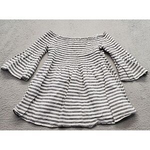 C&C California Blouse Top Womens Small Multi Linen Striped Smocked Flared Sleeve